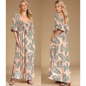 Lulus M Tropical Maxi Dress Long Puff Sleeve Palm Print V Neck Pink Green